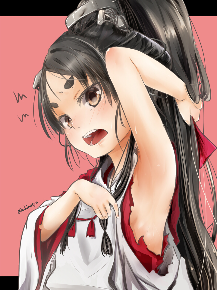 1girl akino_shuu arm_up armpits black_hair brown_eyes hair_ornament high_ponytail japanese_clothes kantai_collection kimono long_hair long_sleeves looking_at_viewer nisshin_(kantai_collection) open_mouth short_eyebrows solo thick_eyebrows torn_clothes torn_kimono twitter_username upper_body very_long_hair wide_sleeves