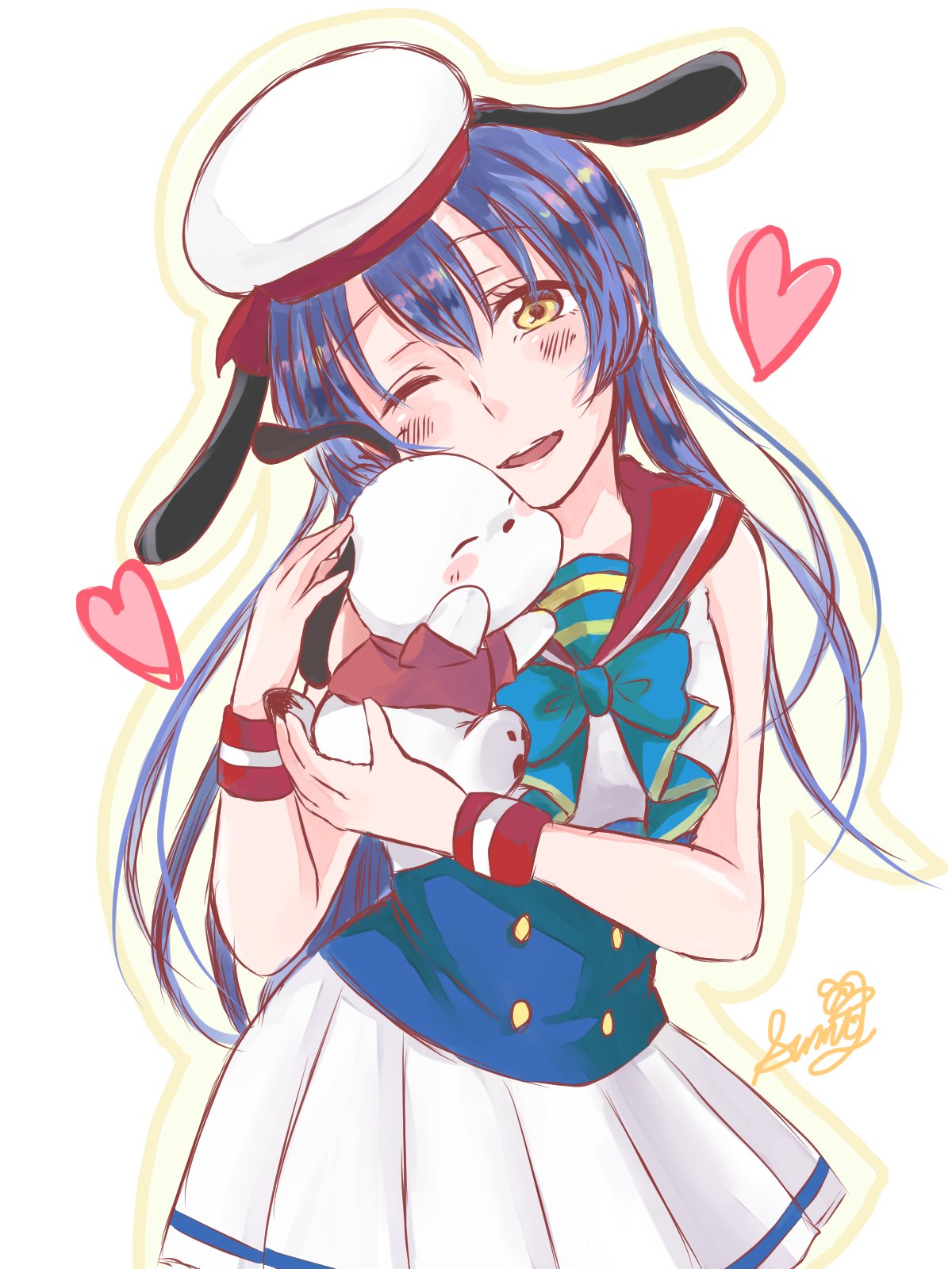 1girl animal_hat bangs blue_hair blush commentary_request cosplay dog_hat eyebrows_visible_through_hair hair_between_eyes hat heart highres long_hair looking_at_viewer love_live! love_live!_school_idol_project one_eye_closed open_mouth pochacco pochacco_(cosplay) sanrio simple_background skirt smile solo sonoda_umi sumire_(sumisumisan) white_background yellow_eyes