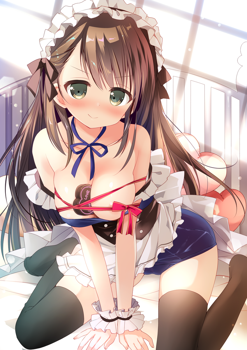 &gt;:) 1girl apron bangs bare_shoulders bed_sheet between_breasts between_legs black_hairband blue_ribbon blue_swimsuit blush breasts brown_eyes brown_hair brown_legwear chocolate chocolate_heart cleavage closed_mouth collarbone commentary_request eyebrows_visible_through_hair food_between_breasts frilled_apron frilled_hairband frills hair_between_eyes hairband hand_between_legs head_tilt heart heart_pillow highres long_hair medium_breasts nagayama_yuunon neck_ribbon no_shoes original pillow ribbon school_swimsuit sitting smile solo strap_slip swimsuit thigh-highs v-shaped_eyebrows valentine very_long_hair wariza white_apron wrist_cuffs