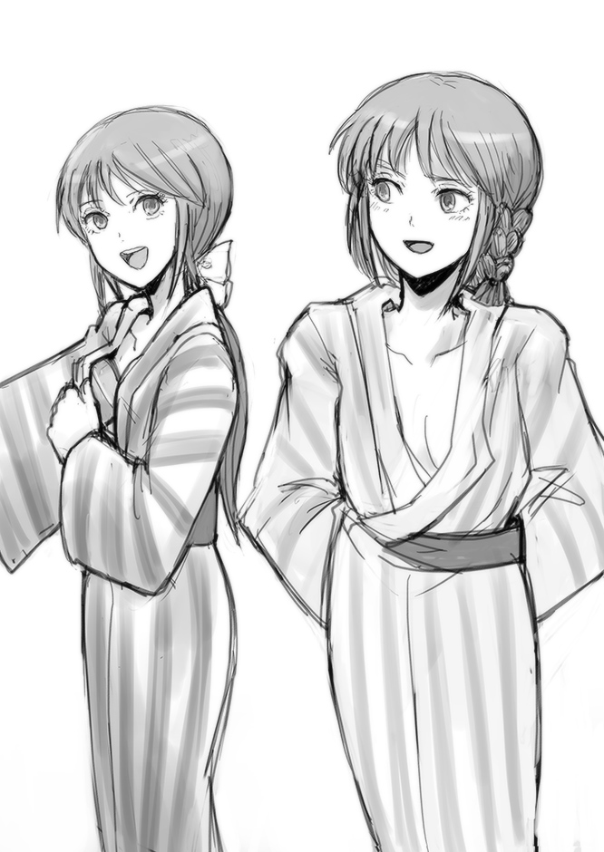 2girls :d bow braid breasts cleavage collarbone elpeo_puru gacha-m greyscale gundam gundam_zz hair_bow japanese_clothes kimono long_hair long_sleeves monochrome multiple_girls open_mouth ponytail puru_two short_hair simple_background small_breasts smile standing striped striped_kimono white_background yukata