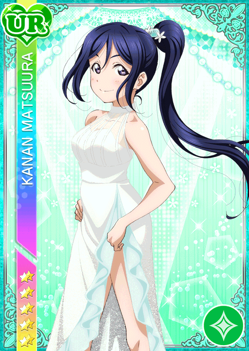 blue_hair blush character_name dress long_hair love_live!_school_idol_festival love_live!_sunshine!! matsuura_kanan ponytail smile violet_eyes