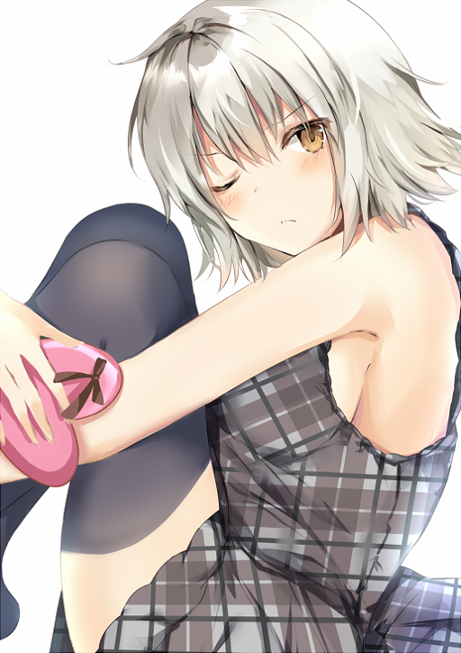 1girl armpits bare_arms bare_shoulders black_legwear blush box breasts brown_eyes closed_mouth commentary_request dress fate/grand_order fate_(series) from_side grey_dress head_tilt heart-shaped_box holding holding_box jeanne_d'arc_(alter)_(fate) jeanne_d'arc_(fate)_(all) knees_up leg_hug looking_at_viewer looking_to_the_side medium_breasts no_shoes one_eye_closed plaid plaid_dress pon_(ponidrop) short_hair silver_hair simple_background sleeveless sleeveless_dress solo thigh-highs v-shaped_eyebrows valentine white_background