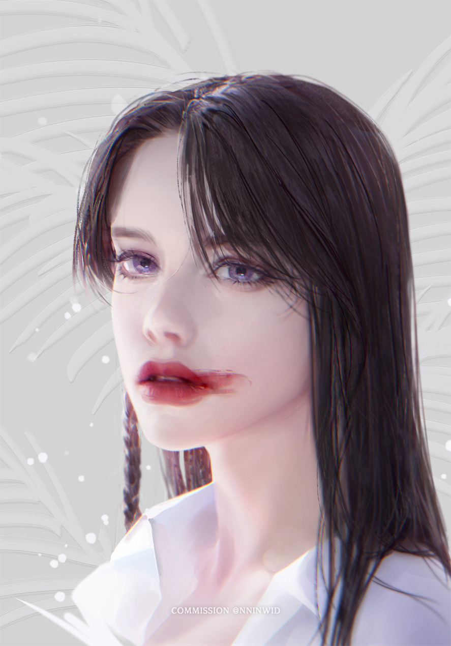 1girl black_hair commission expressionless highres lips lipstick long_hair looking_at_viewer makeup nose original pale_skin parted_lips portrait red_lips shirt simple_background smeared_lipstick solo songhee_guk upper_body violet_eyes white_shirt