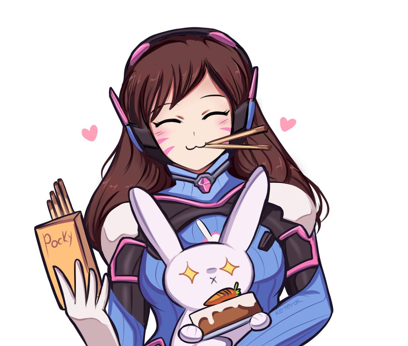 +_+ 1girl :3 :x ^_^ artist_name bodysuit brown_hair cake carrot_cake closed_eyes closed_eyes commentary d.va_(overwatch) food food_in_mouth gloves headphones heart keterok long_hair mouth_hold overwatch pocky ribbed_bodysuit simple_background solo stuffed_animal stuffed_toy valentine whisker_markings white_background