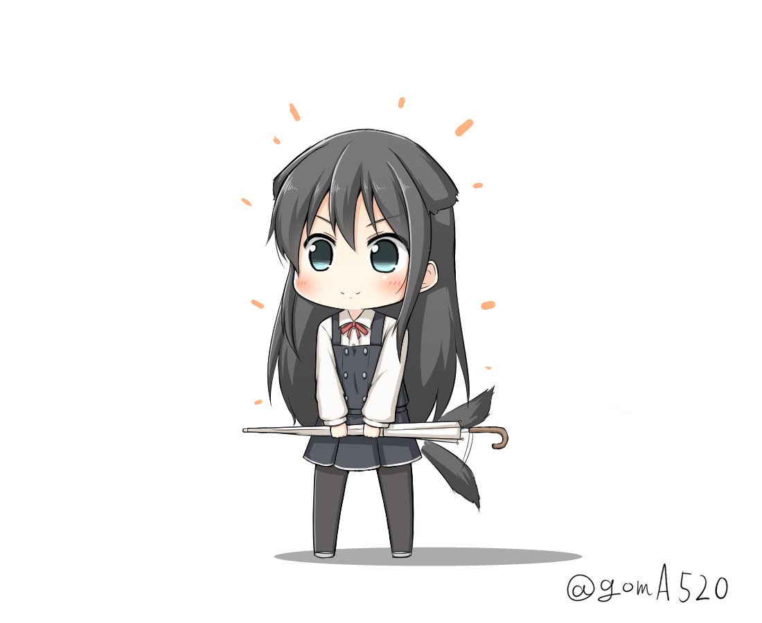 1girl animal_ears asashio_(kantai_collection) black_hair black_legwear chibi closed_umbrella commentary_request disconnected_mouth dog_ears dog_tail dress full_body goma_(yoku_yatta_hou_jane) kantai_collection kemonomimi_mode long_hair long_sleeves neck_ribbon pinafore_dress red_ribbon remodel_(kantai_collection) ribbon simple_background smile solo standing tail tail_wagging thigh-highs twitter_username umbrella white_background white_umbrella