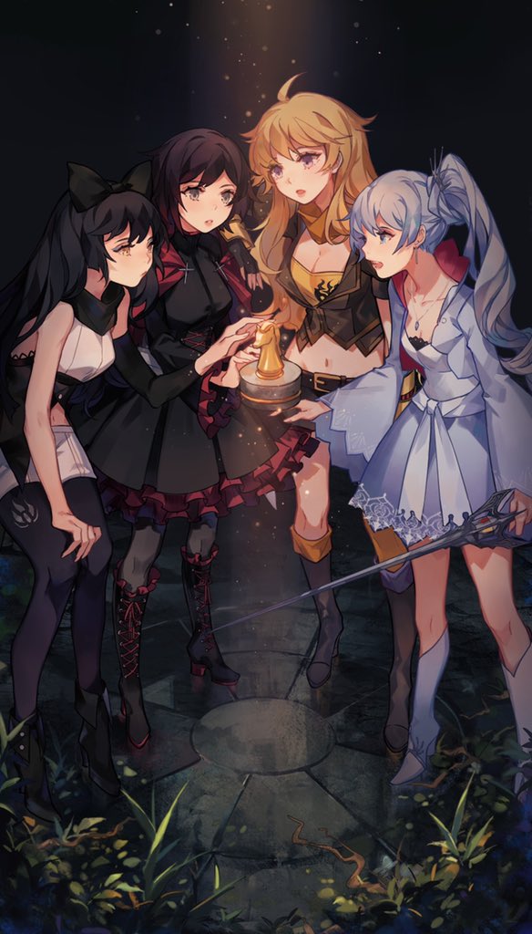 4girls artist_request blake_belladonna breasts cape chess_piece cleavage ember_celica_(rwby) fingerless_gloves floating floating_object gloves jewelry multiple_girls myrtenaster necklace pantyhose ruby_rose rwby thigh-highs weiss_schnee yang_xiao_long