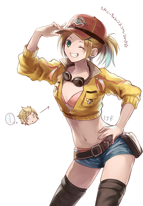 ... 1girl ;) baseball_cap belt belt_buckle bikini_top black_legwear blonde_hair blue_shorts breasts brown_belt buckle cidney_aurum cidney_aurum_(cosplay) cleavage collarbone cosplay cowboy_shot final_fantasy final_fantasy_x final_fantasy_xv goggles goggles_around_neck green_eyes grin hair_ornament hand_on_headwear hand_on_hip hat looking_at_viewer navel one_eye_closed pink_bikini_top ponytail prompto_argentum red_hat rikku sasanomesi short_hair short_shorts shorts simple_background sleeves_past_elbows smile star thigh-highs thighs white_background x_hair_ornament