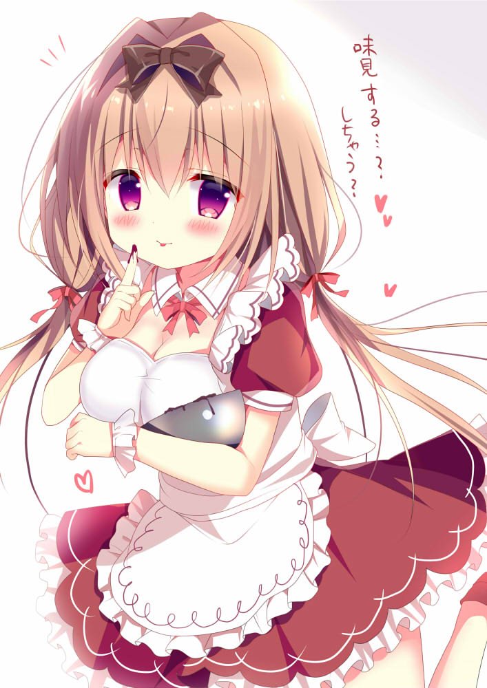 1girl :p apron azumi_kazuki bangs blush bow breasts brown_bow chocolate_on_fingers cleavage closed_mouth collar commentary_request detached_collar dress eyebrows_visible_through_hair food_on_finger frilled_apron frilled_dress frills hair_between_eyes hair_bow hair_intakes heart index_finger_raised light_brown_hair long_hair looking_at_viewer low_twintails medium_breasts mixing_bowl original puffy_short_sleeves puffy_sleeves red_bow red_dress red_eyes short_sleeves smile solo standing standing_on_one_leg tongue tongue_out translated twintails very_long_hair white_apron white_collar wing_collar wrist_cuffs