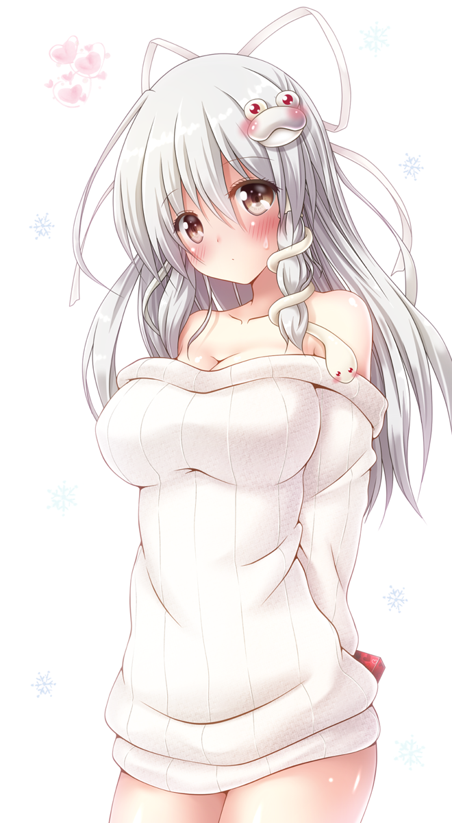 1girl alternate_color alternate_eye_color arms_behind_back bare_shoulders blush box breasts brown_eyes cleavage collarbone commentary_request eyebrows_visible_through_hair frog_hair_ornament gift gift_box grey_hair hair_between_eyes hair_ornament hair_ribbon heart highres holding holding_box kochiya_sanae large_breasts long_hair looking_at_viewer no_pants off-shoulder_sweater osashin_(osada) ribbed_sweater ribbon simple_background snake_hair_ornament snowflakes solo sweater touhou white_background white_ribbon white_sweater