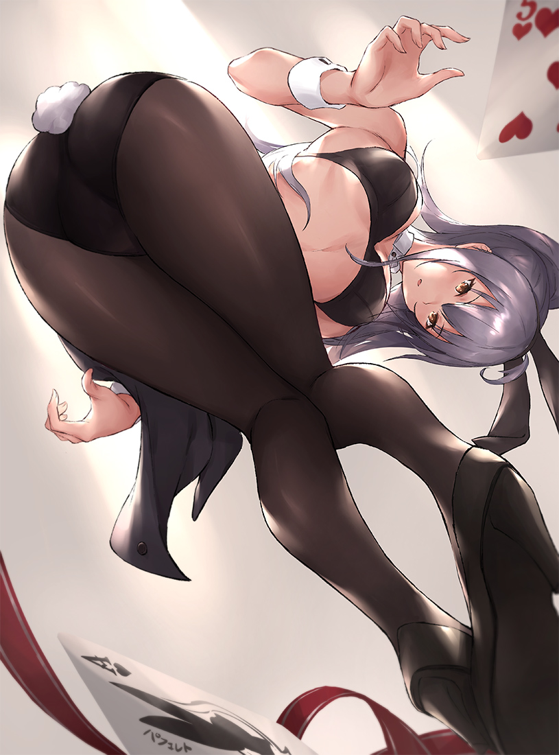 1girl animal_ears ass bent_over black_legwear breasts bunny_tail bunnysuit card detached_collar granblue_fantasy grey_hair high_heels looking_at_viewer pantyhose parfaitlate playing_card ponytail rabbit_ears silva_(granblue_fantasy) solo tail valentine wrist_cuffs yellow_eyes