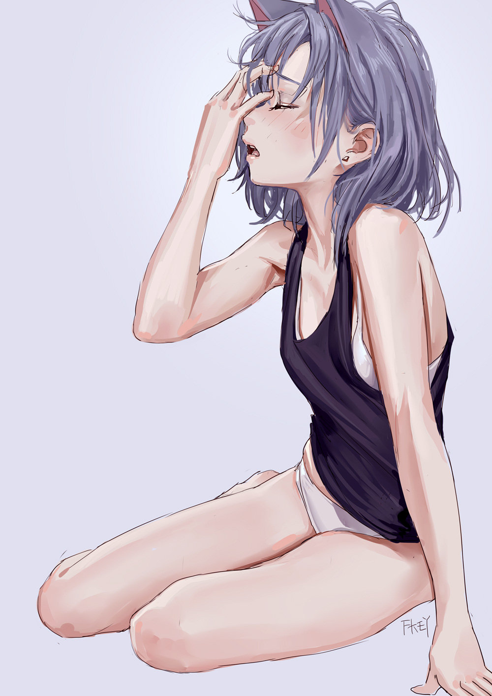 1girl animal_ears arm_support artist_name bangs bare_arms bare_legs bare_shoulders black_tank_top blush bra breasts cat_ears closed_eyes ear_piercing fkey from_side grey_background hair_between_eyes hand_on_own_face hand_up highres no_pants open_mouth original panties piercing profile signature silver_hair simple_background sitting small_breasts solo tank_top thighs underwear white_bra white_panties