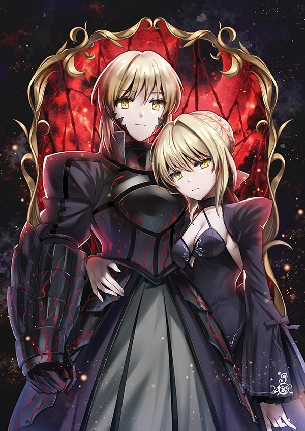 2girls armor armored_dress artoria_pendragon_(all) black_dress black_ribbon black_sleeves blonde_hair braided_bun breasts choker cleavage collarbone dress eyebrows_visible_through_hair fate/stay_night fate_(series) faulds frilled_sleeves frills gauntlets hair_ribbon hand_on_another's_hip long_sleeves looking_at_viewer multiple_girls print_dress print_sleeves ribbon saber_alter shokill short_hair shrug_(clothing) sleeveless sleeveless_dress small_breasts standing yellow_eyes