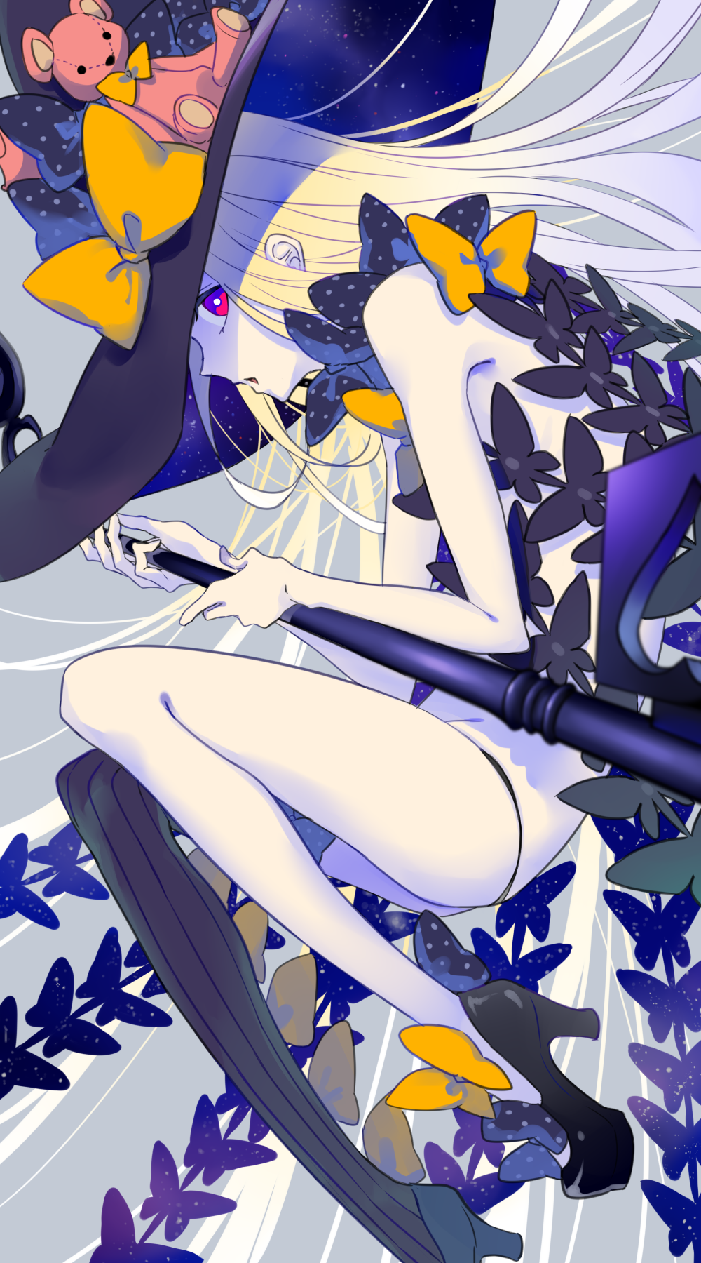 1girl abigail_williams_(fate/grand_order) asymmetrical_legwear black_bow black_footwear black_hat black_legwear black_panties blonde_hair bow fate/grand_order fate_(series) floating_hair from_side groin hat hat_bow highres hisame_(gocbu) holding holding_staff long_hair looking_at_viewer open_mouth orange_neckwear panties polka_dot polka_dot_bow red_eyes revealing_clothes solo staff striped striped_legwear stuffed_animal stuffed_toy teddy_bear thigh-highs underwear vertical-striped_legwear vertical_stripes very_long_hair white_skin witch_hat yellow_bow