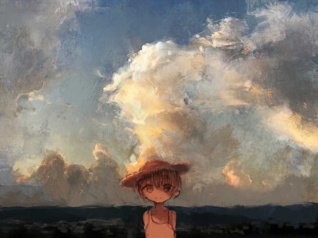 1boy 666haorare666 clouds cloudy_sky collarbone commentary_request hat looking_at_viewer no_nose original outdoors short_hair sky sleeveless smile solo summer tank_top upper_body