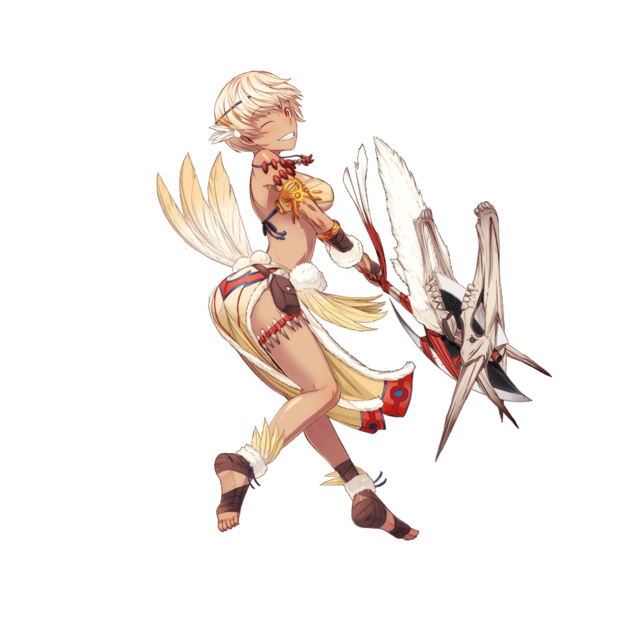 1girl animal_skull armlet ass axe bare_shoulders batbayar breasts feathers full_body hair_ornament hitsuji_chronicle holding holding_axe medium_breasts midriff official_art one_eye_closed parted_lips pouch red_eyes short_hair solo standing