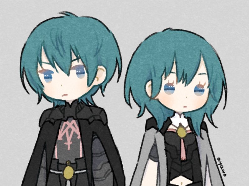 1boy 1girl armor ayawo blue_eyes blue_hair byleth cape chibi dual_persona fire_emblem fire_emblem:_three_houses gloves long_hair looking_at_viewer navel nintendo short_hair simple_background smile uniform