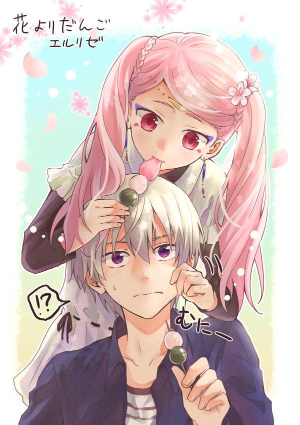 1boy 1girl bangs bekkourico black_ribbon blue_shirt braid cheek_pinching cherry_blossoms collarbone couple dango dress dress_shirt earrings flower food hair_flower hair_ornament holding holding_food jewelry kakumeiki_valvrave l-elf lieselotte_w_dorssia long_hair long_sleeves makeup open_clothes open_shirt parted_bangs pinching pink_flower pink_hair red_eyes ribbed_dress ribbon shirt short_dress standing striped striped_shirt sweatdrop twintails upper_body wagashi white_dress