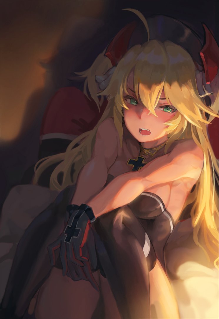 1girl admiral_hipper_(azur_lane) ahoge azur_lane bare_shoulders black_legwear blonde_hair blush breasts choker ecien gloves green_eyes hair_between_eyes hat indoors iron_cross knees_together_feet_apart leotard long_hair looking_at_viewer medium_breasts open_mouth own_hands_together sitting solo thigh-highs