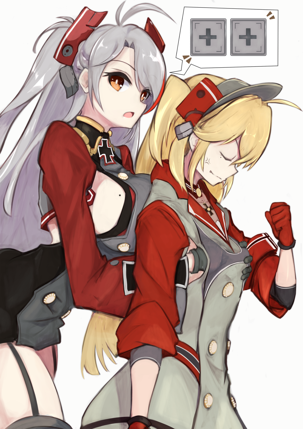 admiral_hipper_(azur_lane) antenna_hair azur_lane bare_shoulders black_choker blonde_hair blush breast_envy breast_grab breast_hold breast_press breasts choker collarbone eyebrows_visible_through_hair gloves grabbing hair_between_eyes headgear highres iron_cross large_breasts long_hair marshall2033 mole mole_on_breast prinz_eugen_(azur_lane) red_gloves sideboob sidelocks silver_hair