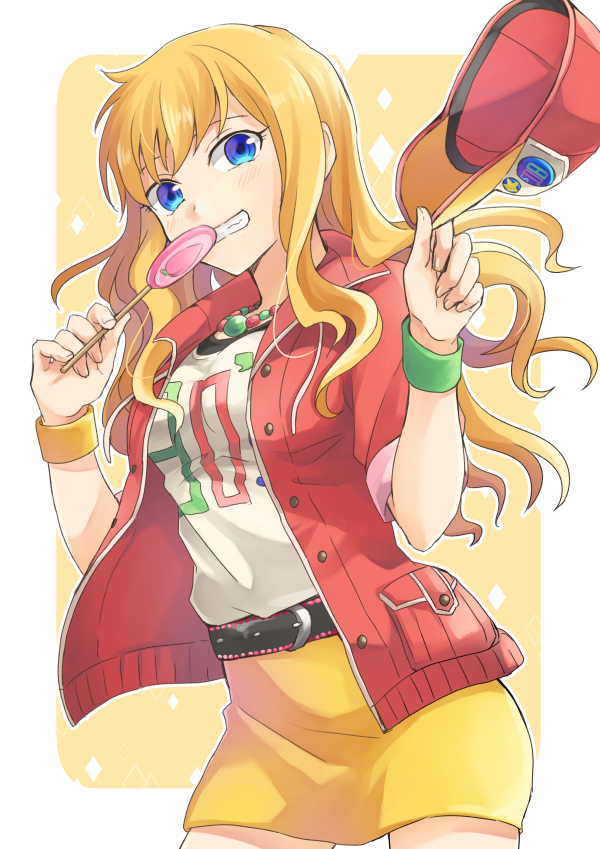 1girl bekkourico blonde_hair blue_eyes cowboy_shot floating_hair hat hat_removed headwear_removed holding holding_hat idolmaster idolmaster_cinderella_girls jacket jewelry long_hair looking_at_viewer miniskirt necklace ootsuki_yui open_clothes open_jacket peaked_cap pencil_skirt print_shirt red_hat red_jacket shirt short_sleeves signature skirt solo standing white_shirt wristband yellow_skirt