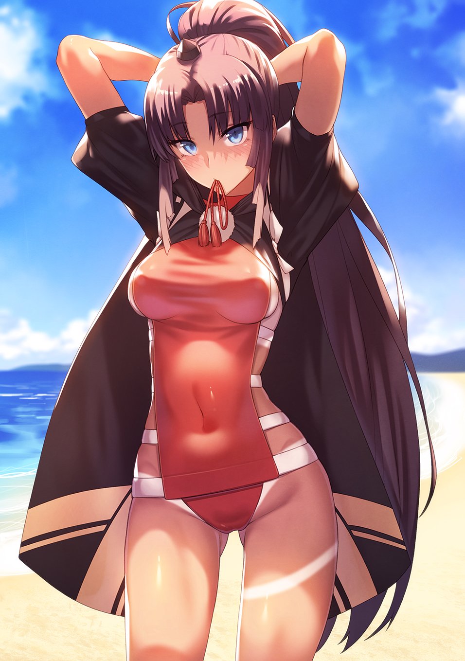 1girl arms_behind_head arms_up bangs beach black_hair black_jacket blue_eyes blue_sky blush breasts closed_mouth covered_navel fate/grand_order fate_(series) highres ibuki_notsu jacket long_hair looking_at_viewer medium_breasts mouth_hold one-piece_swimsuit outdoors parted_bangs red_swimsuit sidelocks sky solo swimsuit tan tanline thighs tying_hair ushiwakamaru_(fate/grand_order) ushiwakamaru_(swimsuit_assassin)_(fate) very_long_hair