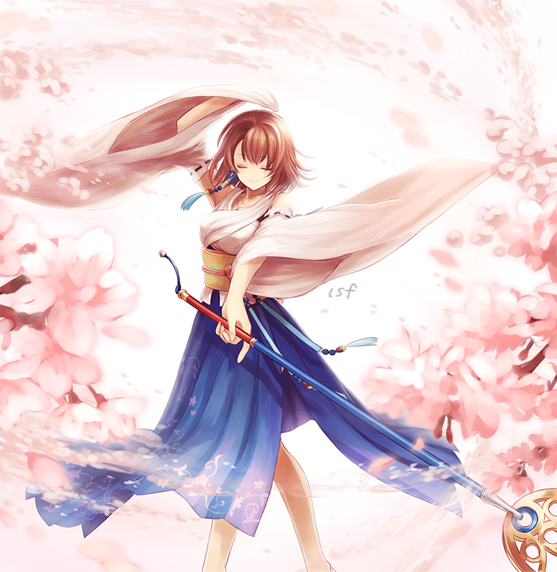 1girl arm_up bangs bare_shoulders blue_hakama breasts brown_hair cherry_blossoms closed_eyes closed_mouth detached_sleeves eyebrows_visible_through_hair final_fantasy final_fantasy_x flower hakama holding holding_staff japanese_clothes jewelry long_sleeves medium_breasts necklace obi pink_flower ribbon-trimmed_sleeves ribbon_trim sasanomesi sash short_hair side_slit smile solo staff wide_sleeves yuna_(ff10)