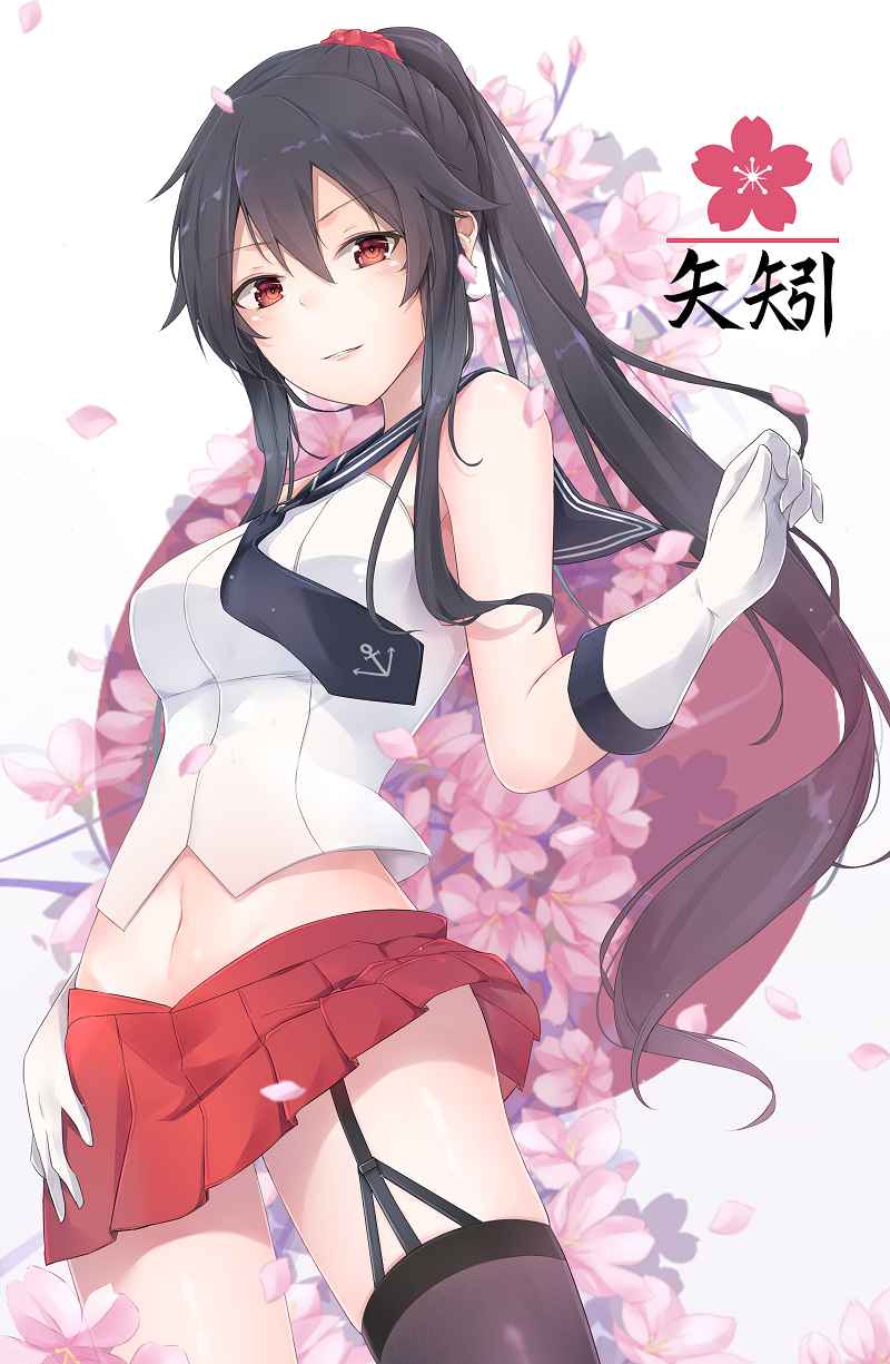1girl asymmetrical_legwear black_hair blush breasts cherry_blossoms garter_straps gloves highres jenson_tw kantai_collection large_breasts long_hair looking_at_viewer midriff navel necktie open_mouth petals pleated_skirt ponytail red_eyes red_skirt school_uniform scrunchie serafuku sidelocks single_thighhigh skirt smile solo thigh-highs very_long_hair white_gloves yahagi_(kantai_collection)