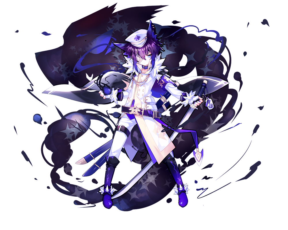 1boy animal_ear_fluff animal_ears belt blue_belt blue_collar blue_eyes blue_footwear blue_hair blue_nails blue_neckwear boots ciel_(elsword) collar commentary elsword eyepatch fur_trim hair_between_eyes hat holding holding_sword holding_weapon jacket long_sleeves nail_polish short_hair solo spikes standing sword uniform utm weapon white_eyepatch white_hat white_jacket white_legwear wolf_ears