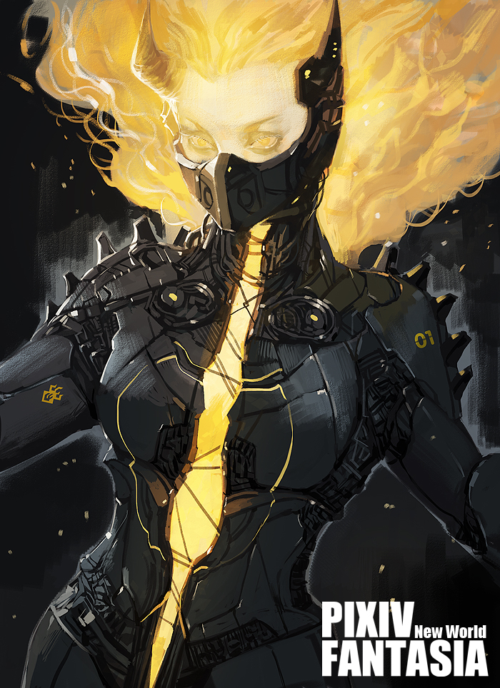 1girl armor blonde_hair energy english_text et.m floating floating_hair glowing glowing_eyes glowing_hair horns mask mechanical mechanical_parts medium_hair pauldrons pixiv_fantasia pixiv_fantasia_1 pixiv_fantasia_new_world solo upper_body yellow_eyes yellow_horns