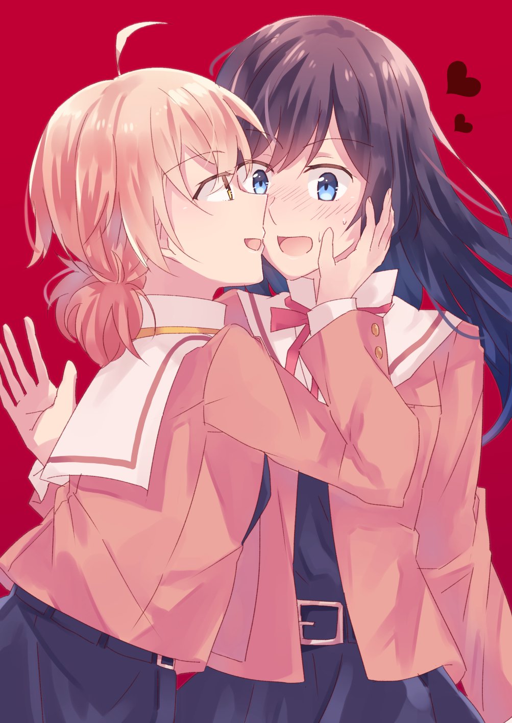 2girls ahoge black_hair blush hand_on_another's_cheek hand_on_another's_face highres imminent_kiss koito_yuu koju_touma multiple_girls nanami_touko orange_hair out_of_character school_uniform uniform yagate_kimi_ni_naru yuri