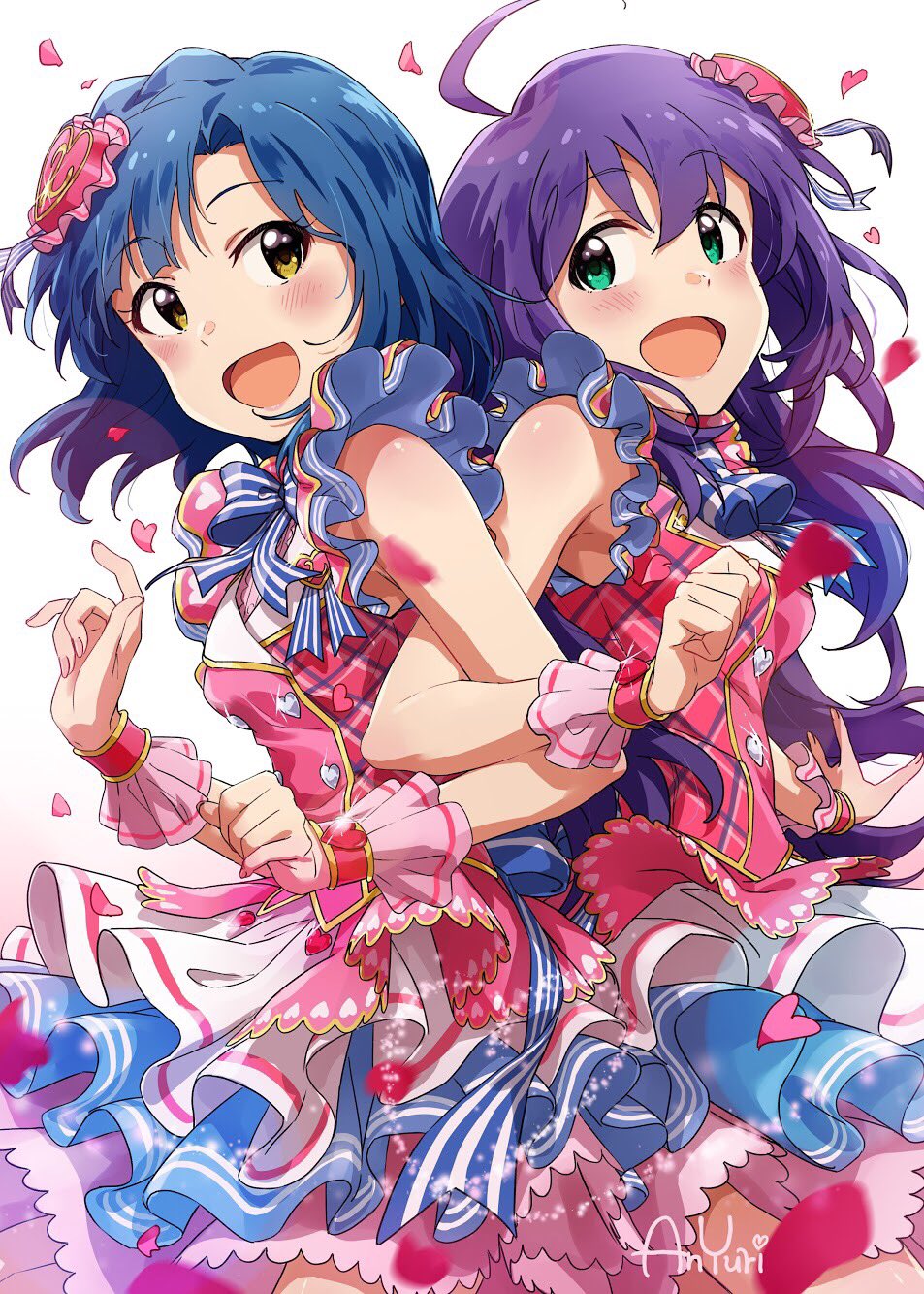 2girls ahoge ayano_yuu_(sonma_1426) blue_hair bow bowtie commentary_request dress green_eyes hair_between_eyes heart heart_button highres idolmaster idolmaster_million_live! idolmaster_million_live!_theater_days locked_arms long_hair looking_at_another medium_hair mochizuki_anna multiple_girls nanao_yuriko open_mouth petals purple_hair sleeveless sleeveless_dress white_background wrist_cuffs yellow_eyes