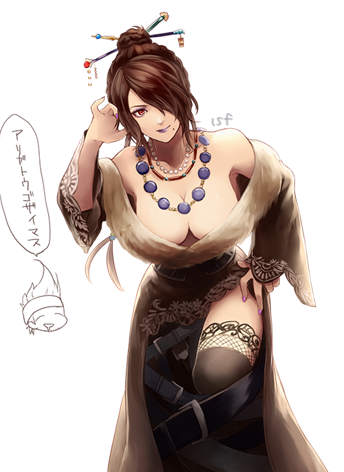 1girl bare_shoulders belt black_belt black_dress black_legwear breasts brown_hair cleavage closed_mouth collarbone downblouse dress eyeshadow final_fantasy final_fantasy_x fingernails fur_trim hair_ornament hair_over_one_eye hair_stick hand_on_hip hand_up jewelry large_breasts lipstick long_hair long_sleeves looking_at_viewer lulu_(ff10) makeup nail_polish necklace off-shoulder_dress off_shoulder purple_lipstick purple_nails red_eyes sasanomesi simple_background smile solo thigh-highs thighs wakka white_background wide_sleeves