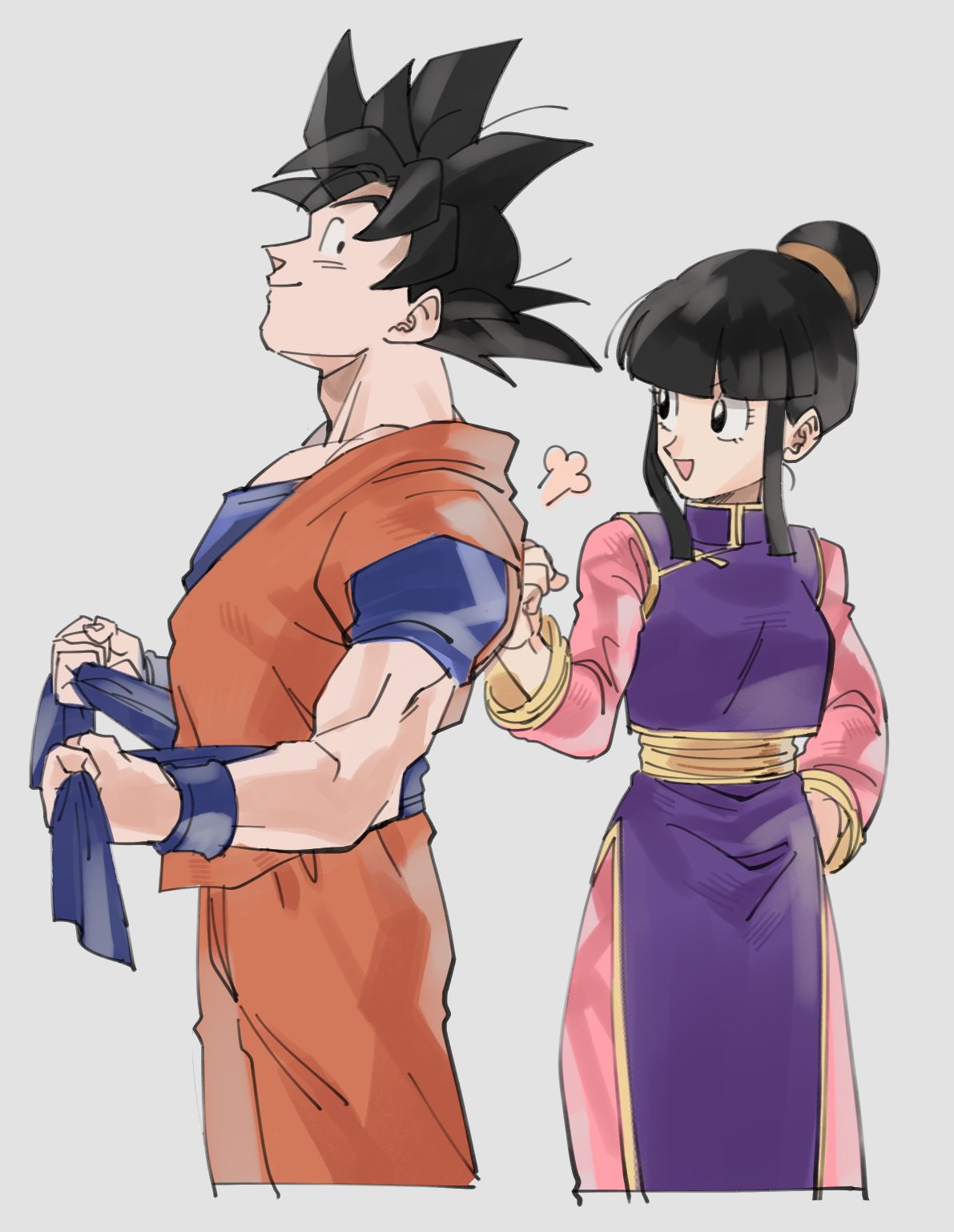 1boy 1girl :d =3 adjusting_clothes arm_at_side bangs black_eyes black_hair chi-chi_(dragon_ball) chinese_clothes clenched_hand couple dougi dragon_ball dragonball_z eyelashes grey_background hand_on_another's_back hand_on_hip happy height_difference hetero highres hpoono_(0159) long_sleeves looking_at_another open_mouth profile simple_background smile son_gokuu spiky_hair standing tied_hair upper_body wristband
