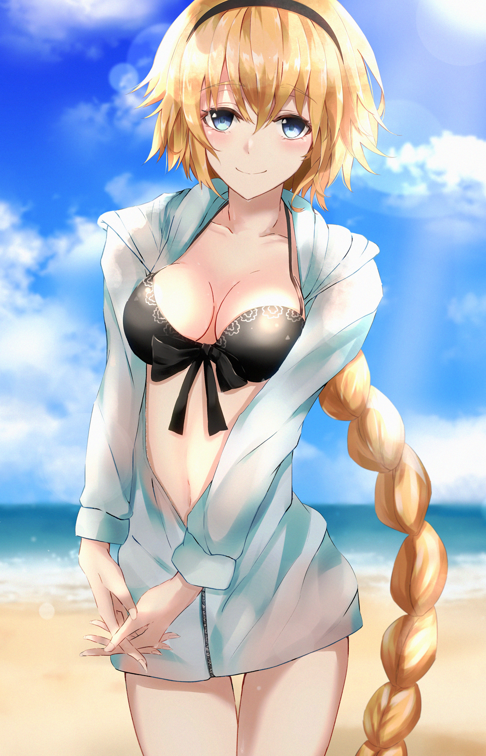 1girl beach black_bikini_top black_bow blonde_hair blue_eyes blue_sky blurry blurry_background blush bow braid braided_ponytail breasts cleavage clouds collarbone cowboy_shot eyebrows_visible_through_hair fate/grand_order fate_(series) hair_between_eyes hair_bow hands_together highres hood hood_down hooded_jacket interlocked_fingers jacket jeanne_d'arc_(fate)_(all) jeanne_d'arc_(swimsuit_archer) ka1se1 lens_flare long_hair looking_at_viewer medium_breasts ocean open_clothes open_jacket single_braid sky smile solo standing thigh_gap very_long_hair white_jacket