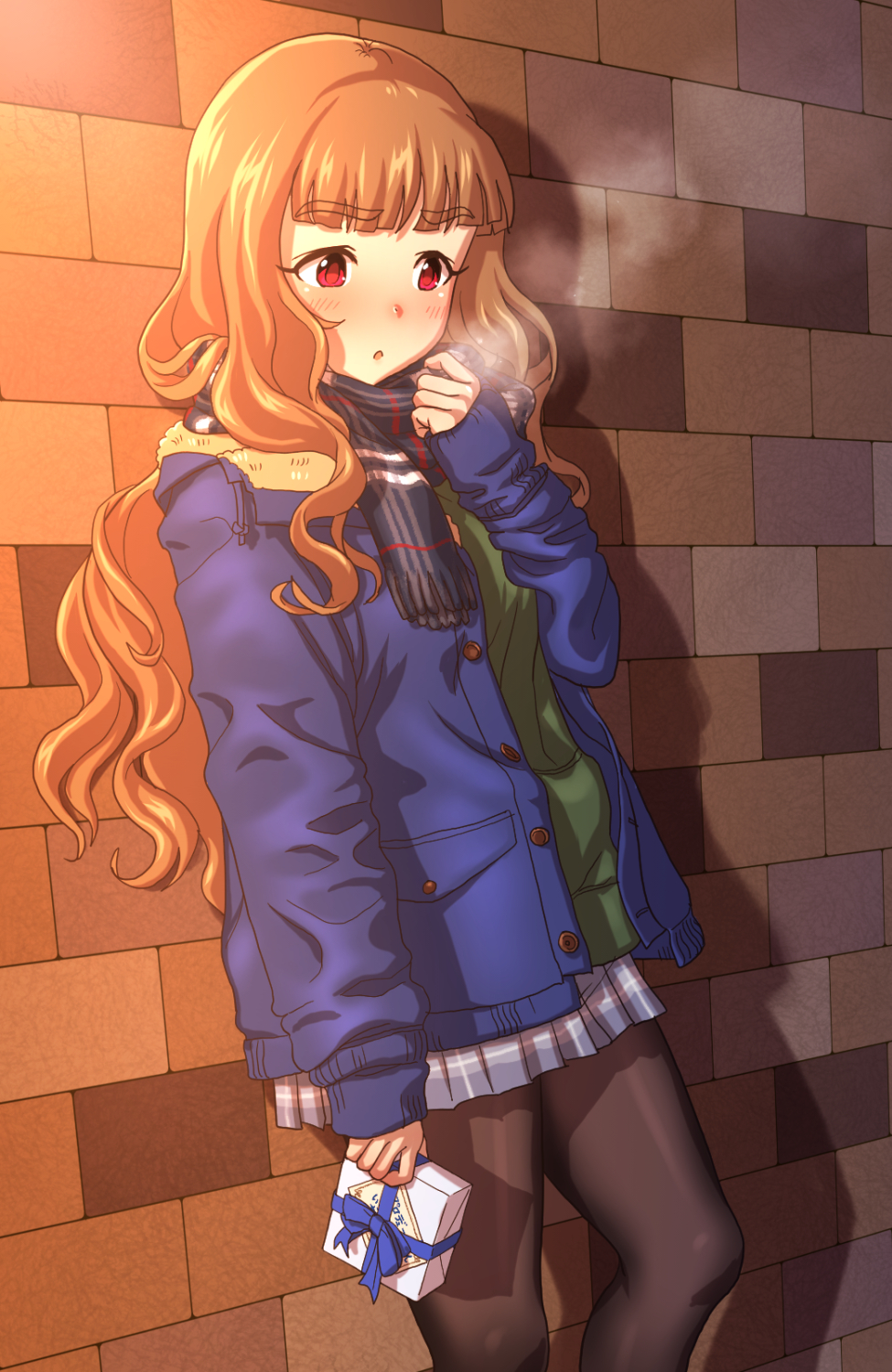 1girl :o against_wall bangs blunt_bangs blush bow box breath brown_hair coat commentary_request eyebrows eyebrows_visible_through_hair feet_out_of_frame gift gift_box highres holding holding_gift idolmaster idolmaster_cinderella_girls kamiya_nao kezune_(i-_-i) long_hair open_clothes open_coat open_mouth pantyhose pleated_skirt red_eyes ribbon scarf skirt sleeves_past_wrists solo standing sweater thick_eyebrows wavy_hair winter_clothes winter_coat