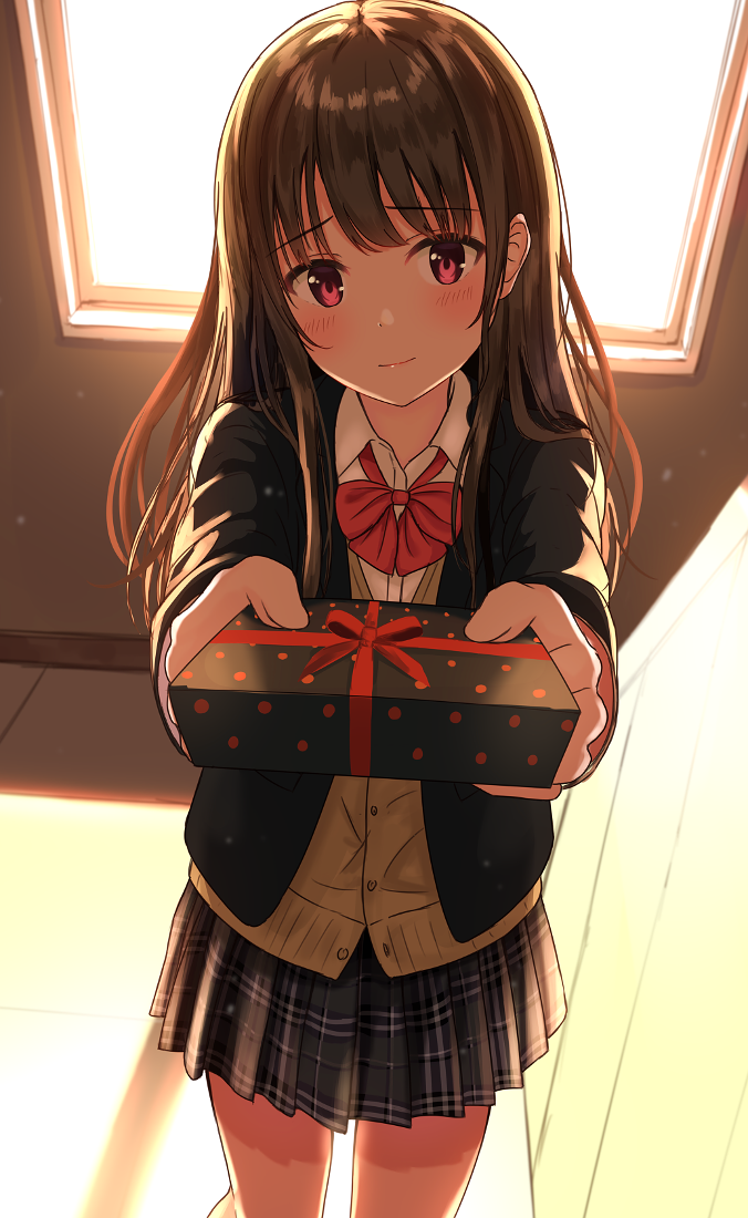 1girl backlighting black_jacket black_skirt blazer blush bow bowtie box brown_cardigan brown_hair burenbo buttons closed_mouth collared_shirt commentary_request cowboy_shot day foreshortening gift gift_box head_tilt holding holding_box indoors jacket light_smile long_hair long_sleeves looking_at_viewer miniskirt open_clothes open_jacket original outstretched_arms plaid plaid_skirt pleated_skirt polka_dot red_eyes red_neckwear red_ribbon ribbon school_uniform shirt sidelocks skirt solo standing thighs undershirt valentine white_shirt window wing_collar