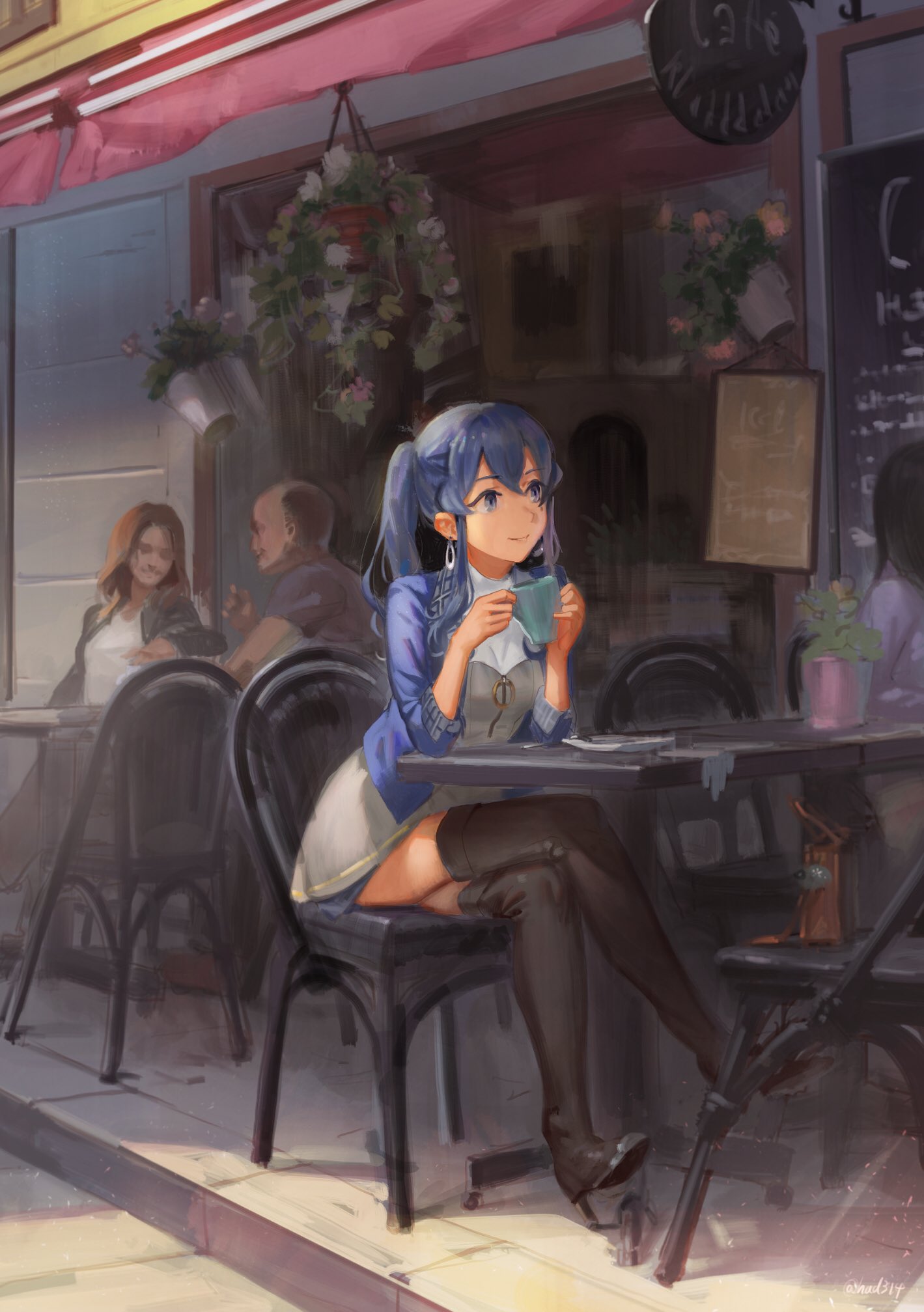 1boy 1girl 3girls alternate_costume awning bald bangs black_legwear blue_eyes blue_hair blue_jacket boots brown_hair cafe chair closed_mouth crowd cup day dress earrings flower full_body glass gotland_(kantai_collection) grey_dress hair_between_eyes high_heels highres holding holding_cup jacket jewelry kantai_collection legs_crossed long_sleeves lynchis multiple_girls outdoors pavement picture_frame plant plate potted_plant reflection side_ponytail sidewalk sign sitting smile solo table thigh-highs thigh_boots wall window zipper