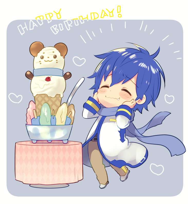 1boy :3 belt blue_hair blue_scarf blush cherry closed_eyes coat excited food fruit happy_birthday heart ice_cream ice_cream_cone kaito kikuchi_mataha pants popsicle saliva scarf short_hair smile solo spoon table vocaloid waffle_cone