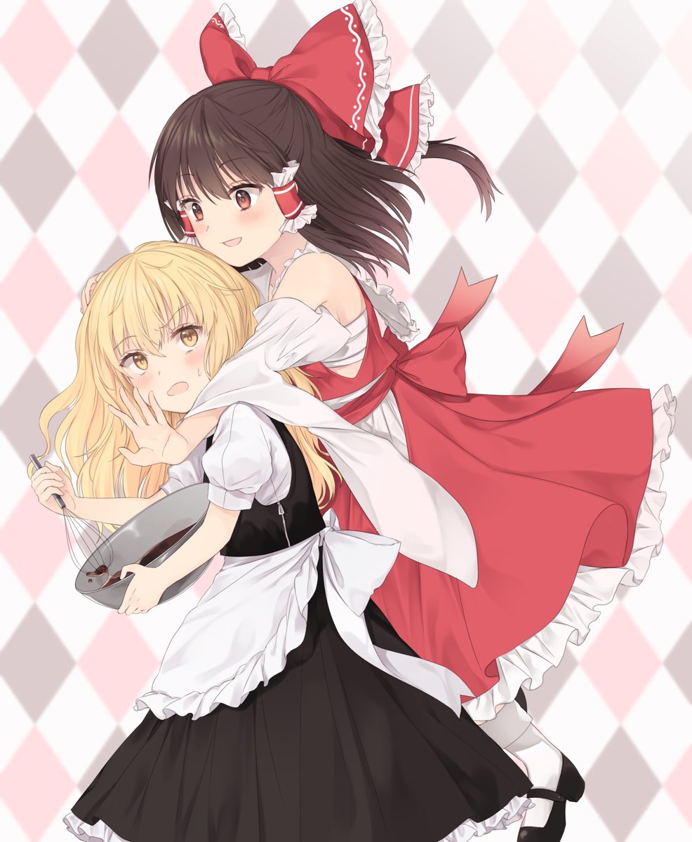 2girls :d apron argyle argyle_background bare_shoulders blonde_hair blouse blush bow bowl breasts brown_hair chocolate collared_shirt commentary detached_sleeves flying frilled_shirt_collar frilled_skirt frills glomp hair_bow hair_ribbon hair_tubes hakurei_reimu head_hug highres hug hug_from_behind kirisame_marisa kizitora_hato large_bow long_hair long_skirt long_sleeves mary_janes medium_breasts multiple_girls open_mouth puffy_short_sleeves puffy_sleeves red_eyes ribbon ribbon-trimmed_sleeves ribbon_trim sarashi shirt shoes short_sleeves skirt skirt_set smile socks straight_hair sweat touhou valentine very_long_hair vest waist_apron wavy_hair whisk white_legwear wide_sleeves yellow_eyes yuri zipper