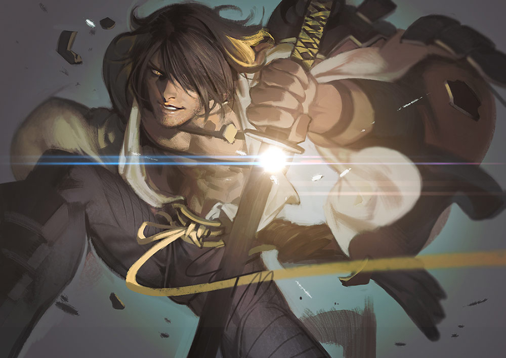 1boy armor belt black_pants bracelet broken broken_armor brown_hair debris et.m facial_hair gradient gradient_background hair_over_one_eye holding holding_sword holding_weapon jewelry katana lens_flare male_focus muscle nagasone_kotetsu pants parted_lips scabbard sheath short_hair signature solo sword touken_ranbu unsheathing weapon yellow_belt yellow_eyes