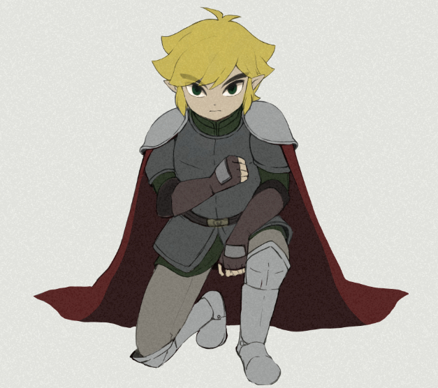 1boy alternate_costume armor black_eyes blonde_hair breastplate cape eyebrows_visible_through_hair eyes_visible_through_hair fingerless_gloves gloves greaves grey_background kneeling knight link looking_at_viewer male_focus metal_boots nintendo older pauldrons pointy_ears serious short_hair simple_background solo the_legend_of_zelda the_legend_of_zelda:_the_wind_waker toon_link usushira