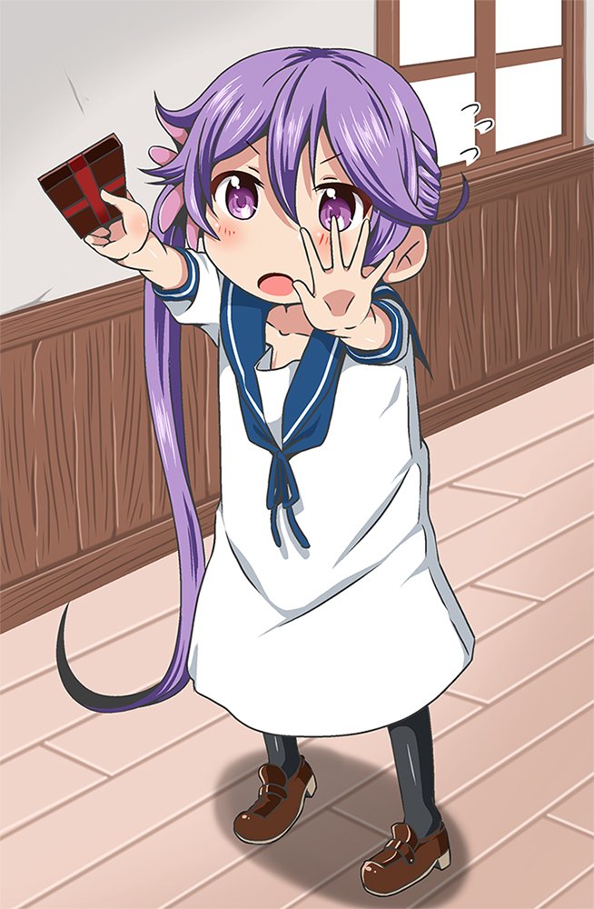 1girl akebono_(kantai_collection) blush_stickers box comic commentary_request flower flying_sweatdrops gift gift_box hair_between_eyes hair_flower hair_ornament hands_up holding holding_gift kantai_collection long_hair open_mouth outstretched_arms oversized_clothes pantyhose purple_hair sailor_collar sailor_shirt shadow shino_(ponjiyuusu) shirt shoes short_sleeves side_ponytail solo standing violet_eyes window wooden_floor younger