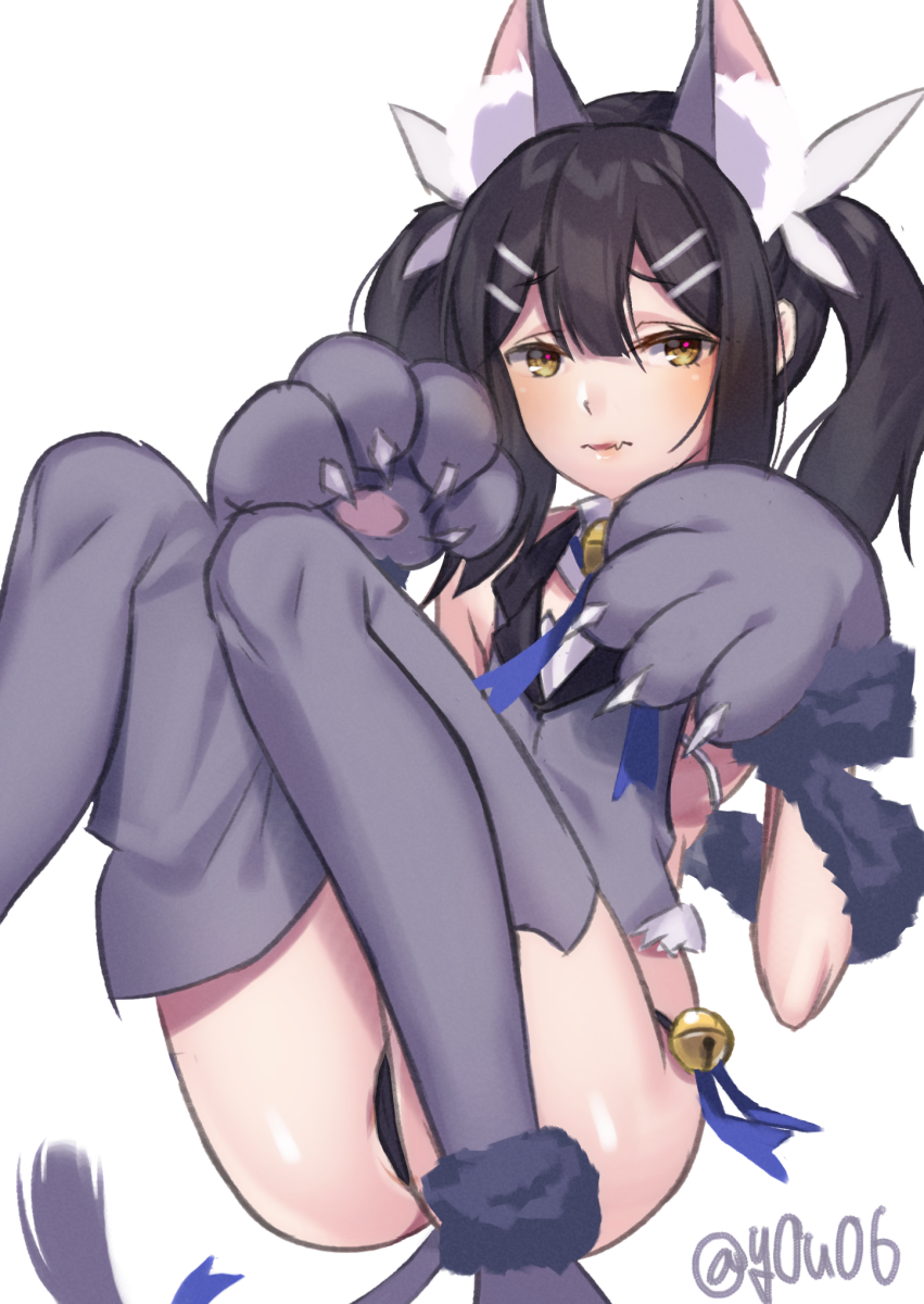 1girl animal_ears bell black_hair black_panties blue_ribbon brown_eyes cat_ears cat_tail choker fate/kaleid_liner_prisma_illya fate_(series) gloves grey_gloves grey_legwear hair_between_eyes hair_ornament hairclip highres long_hair looking_at_viewer miyu_edelfelt panties paw_gloves paws ribbon simple_background sleeveless solo tail tail_ribbon thigh-highs twintails twitter_username underwear white_background you06