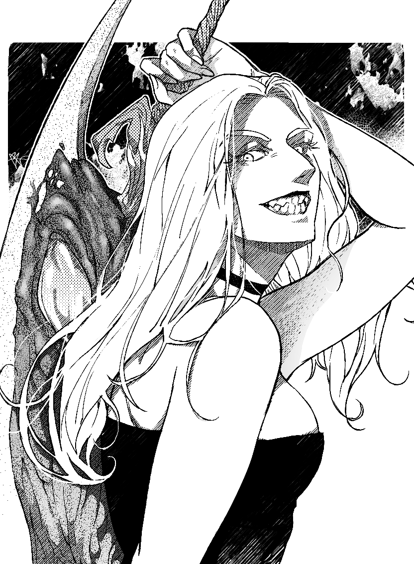 1girl bare_shoulders choker devil_may_cry devil_may_cry_4 eyebrows_visible_through_hair greyscale hatching holding holding_sword holding_weapon looking_back m4hlm4 medium_hair monochrome nail sharp_teeth signature smile solo sword teeth trish_(devil_may_cry) upper_body weapon