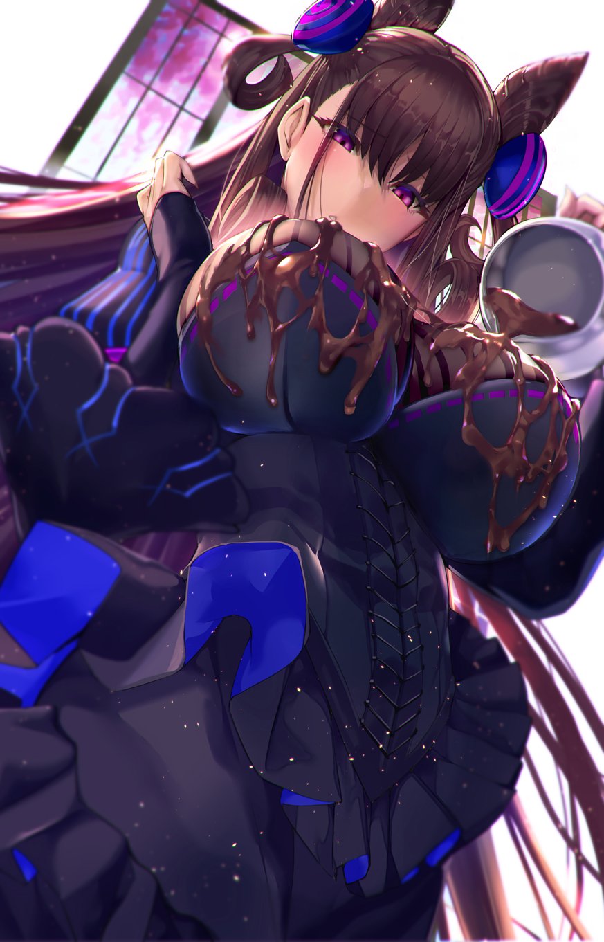 1girl bangs black_dress breasts brown_hair chocolate chocolate_on_breasts double_bun dress eyebrows_visible_through_hair fate/grand_order fate_(series) frills hair_between_eyes hair_ornament hand_up highres holding_jug indoors large_breasts long_hair long_sleeves looking_at_viewer murasaki_shikibu_(fate) parted_lips pouring puffy_sleeves satou_daiji sleeves_past_wrists solo two_side_up umbrella very_long_hair violet_eyes