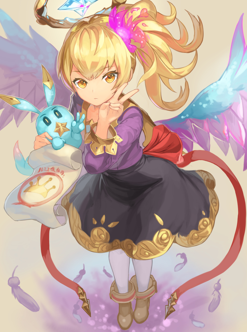 :| akira0171 animal black_sclera black_skirt blonde_hair brown_eyes brown_footwear closed_mouth full_body gold_trim hair_ornament halo holding holding_animal long_hair long_sleeves looking_at_viewer monster_strike pose scroll simple_background skirt standing star v white_legwear wings yellow_pupils