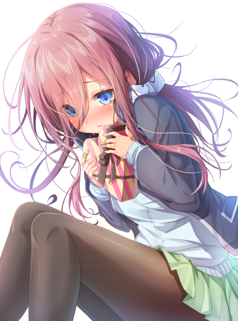 1girl bandaid_on_finger bandaid_on_hand bangs black_jacket blazer blue_cardigan blue_eyes blush box brown_hair brown_legwear cardigan commentary_request eyebrows_visible_through_hair gift gift_box go-toubun_no_hanayome green_skirt hair_between_eyes headphones headphones_around_neck heart-shaped_box holding holding_gift jacket long_sleeves looking_at_viewer matokechi nakano_miku nose_blush open_blazer open_clothes open_jacket pantyhose parted_lips pleated_skirt simple_background skirt sleeves_past_wrists solo valentine white_background