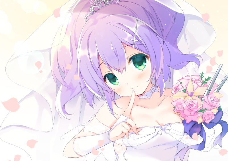 1girl azur_lane bangs blue_bow blush bouquet bow breasts bridal_gauntlets bridal_veil cleavage closed_mouth collarbone commentary dress eyebrows_visible_through_hair flower green_eyes hair_between_eyes hair_ornament head_tilt javelin_(azur_lane) long_hair medium_breasts petals pink_flower pink_rose purinko purple_hair rose see-through smile solo strapless strapless_dress symbol_commentary tiara upper_body veil white_dress
