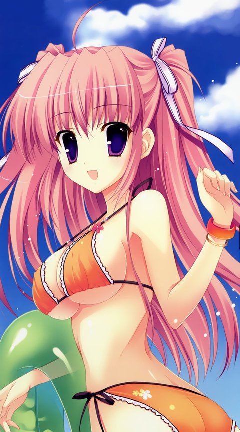 bracelet breasts erect_nipples innertube jewelry large_breasts long_hair looking_back mitha nanagane_educational_institution pink_hair purple_eyes sakuranomiya_arisa string_bikini swimsuit twintails two_side_up under_boob underboob violet_eyes