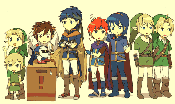 1other 6+boys blue_hair box brown_hair cape dual_persona father_and_son fire_emblem fire_emblem:_fuuin_no_tsurugi fire_emblem:_mystery_of_the_emblem fire_emblem:_souen_no_kiseki gloves hairband hal_laboratory_inc. headband hoshi_no_kirby ike intelligent_systems kid_icarus kirby_(series) konami link male marth meta_knight metal_gear_solid nintendo pit pointy_ears project_m red_hair redhead roy roy_(fire_emblem) solid_snake sora_(company) super_smash_bros. super_smash_bros._ultimate super_smash_bros_brawl super_smash_bros_melee the_legend_of_zelda the_legend_of_zelda:_ocarina_of_time the_wind_waker toon_link twilight_princess wings young_link